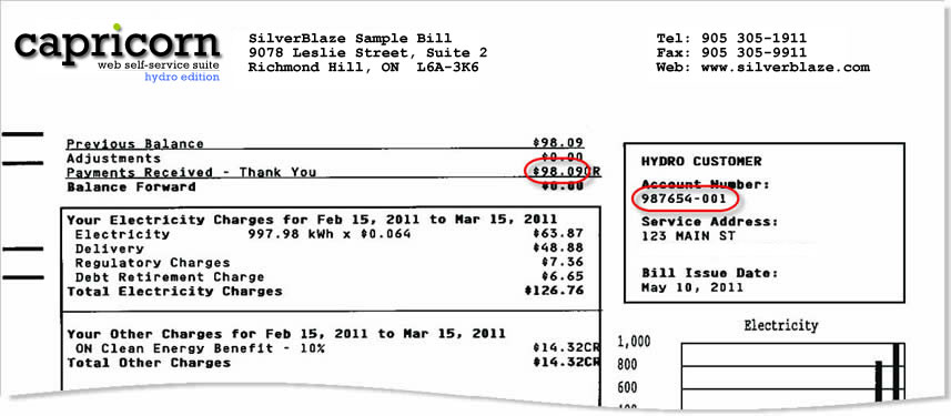 You can find your account number and meter number on your bill as shown.